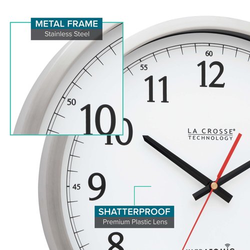 La Crosse Technology 404-1235UA-PL UltrAtomic 14 inch Stainless Steel Wall Clock, Shatterproof Lens, Silver