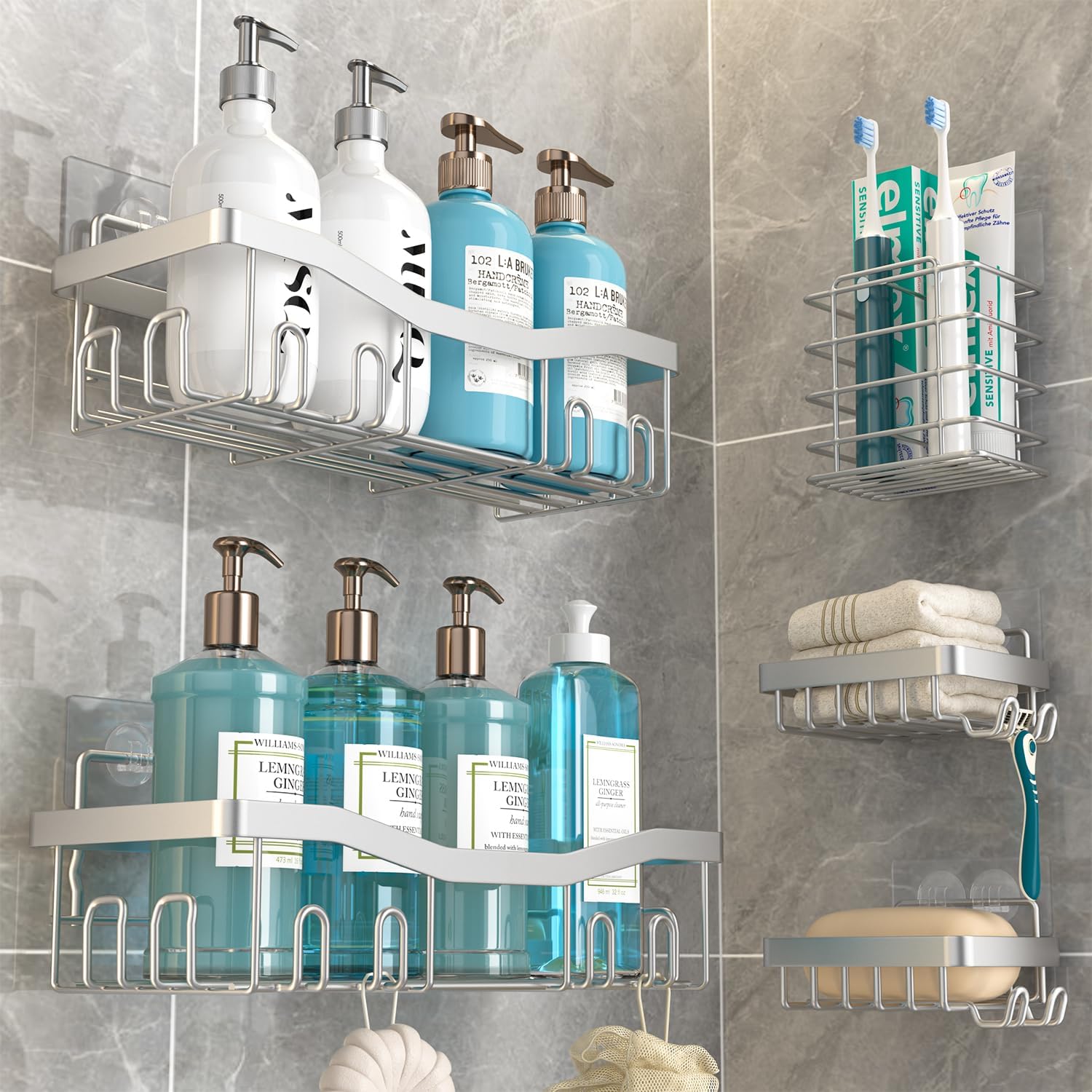 Youvip Adhesive Shower Caddy - Rustproof No-Drill Bath Organizer Set | 5-Pack Silver Shelves with Soap & Toothbrush Holder