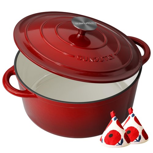 Enameled Cast Iron Dutch Oven - 6QT Pot with Lid & Cotton Potholders - Heavy-Duty Cookware for Braising, Stews, Roasting, Bread Baking, Oven Safe up to 500°F & Suitable for All Cooktops, Cherry Red