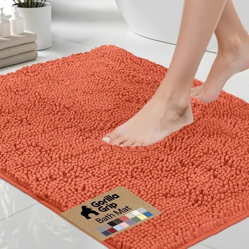 GORILLA GRIP Bath Rug Mat - Thick Soft Absorbent Chenille | Quick Dry Microfiber, 44x26 Coral