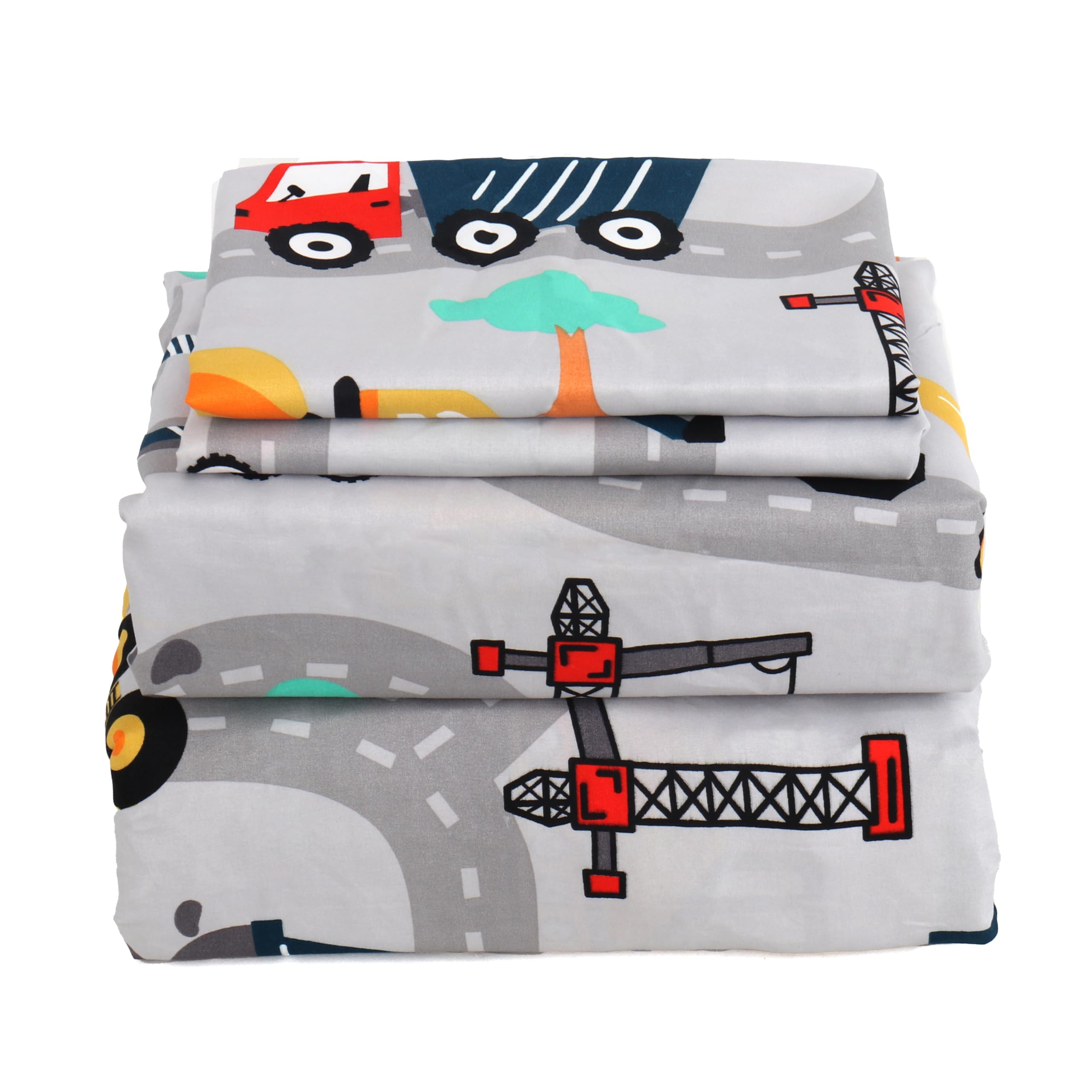 MK Collection Sheet Set Kids Teens Excavator Trucks Yellow Navy Blue Grey Red White Luxury Sheet Set New (Twin)