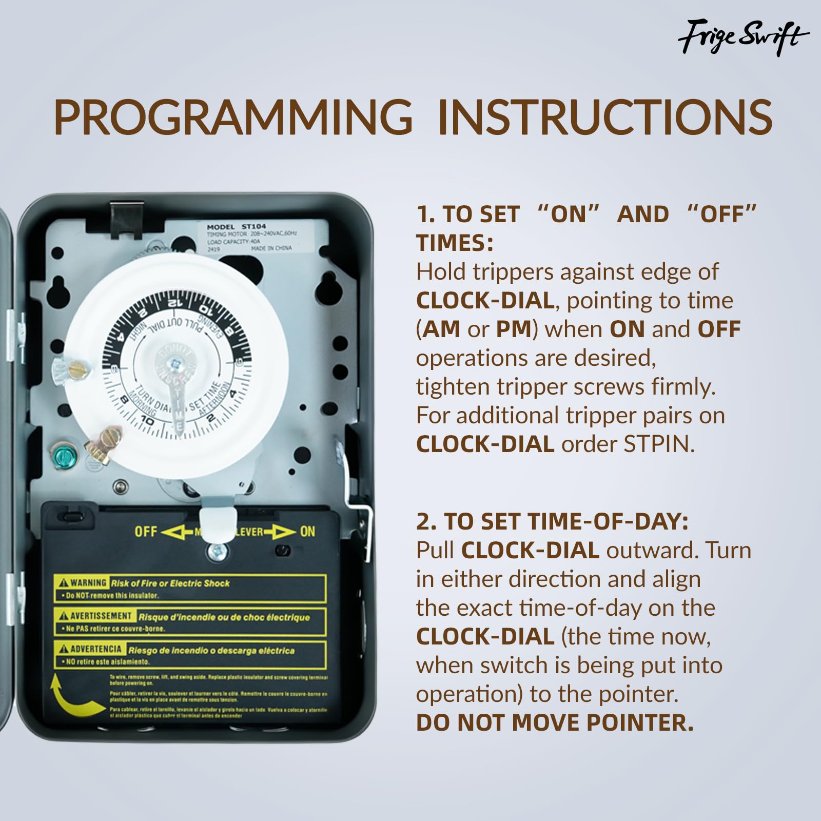 T104 24-Hour Heavy-Duty Mechanical Timer, 40A DPST Switch, 12 On/Off Cycles, 208-240V, for Commercial Defrost, Lighting & Water Heaters，Indoor Use Only