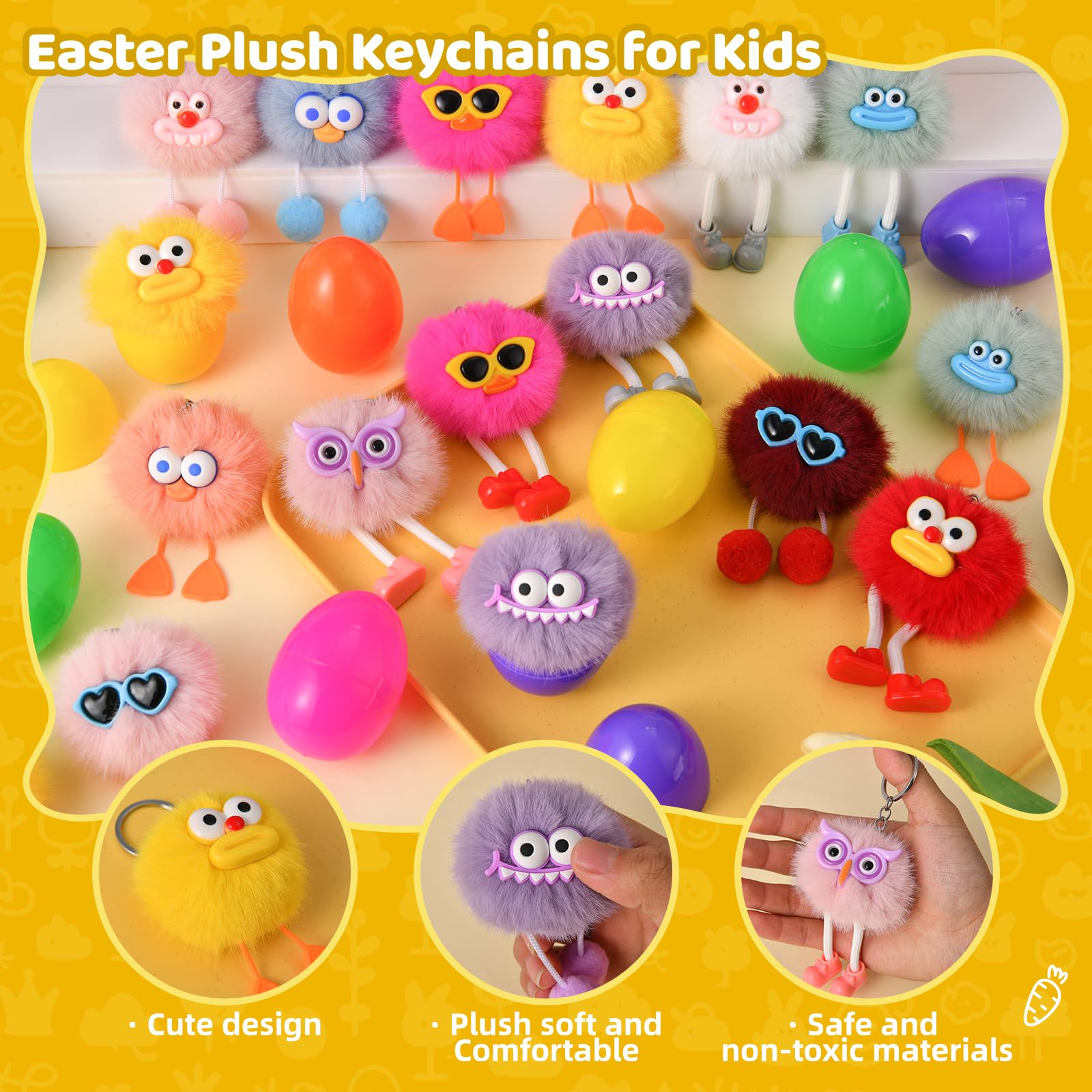 EFLSJIO 24 Pack Prefilled Easter Eggs with Kids Keychains Plush Toy Cute Keychains for Kid Boys Girls for Easter Egg Fillers, Easter Basket Stuffers Party Favor Gifts