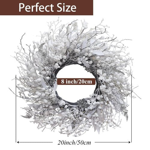BINFEN 20 Inch Snow Flocked White Berry Winter Wreath with Twig & Leave- Artificial Christmas Wreaths for Front Door Porch Wall Window Porch Fireplace Outdoor Decor