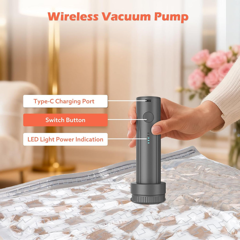 Skiennix Travel Vacuum Bags - Wireless Charging Air Pump Included | 15 Pack in 3 Sizes for Clothing & Luggage Storage