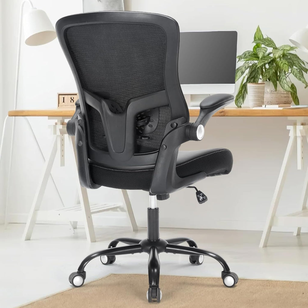 Skiennix Ergonomic Office Chair - Mesh Back, Adjustable Height, Flip-Up Arms, Black Leather Seat