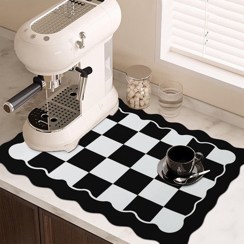 CQKEDMA Scalloped Checkered Dish Drying Mats for Kitchen Counter, Cute Coffee Mat, Absorbent, Non-Slip Rubber, Kitchen Decor (12"x19", Black)