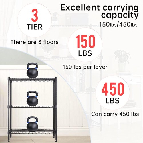 BestOffice 3-Shelf Metal Storage Shelves - Adjustable Wire Rack Organizer | 450Lbs Capacity, Black 23"L x 13.2"W x 30.2"H