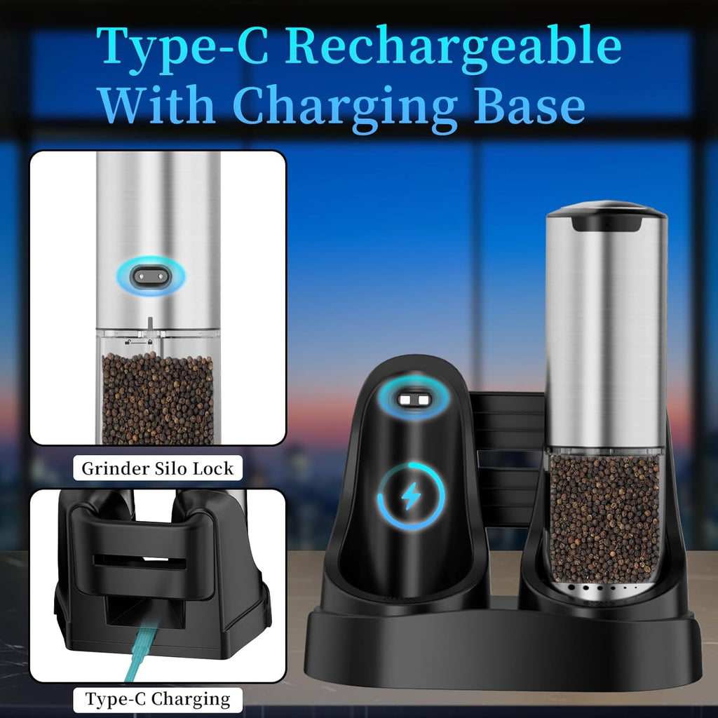Skiennix Electric Salt and Pepper Grinder Set - Automatic Rechargeable Shakers with Adjustable Coarseness & LED Light