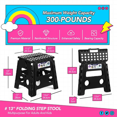 Delxo Folding Step Stool - Non-Slip, Lightweight Design | 13 Inch, 300 LBS Capacity, Black (2 Pack)