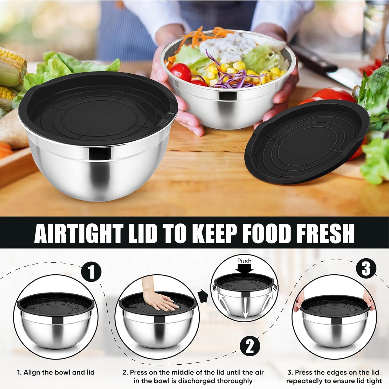 P&P CHEF Mixing Bowls Set - 3 Stainless Steel Bowls with Lids | Airtight & Stackable, 4.6/3/1.5 QT