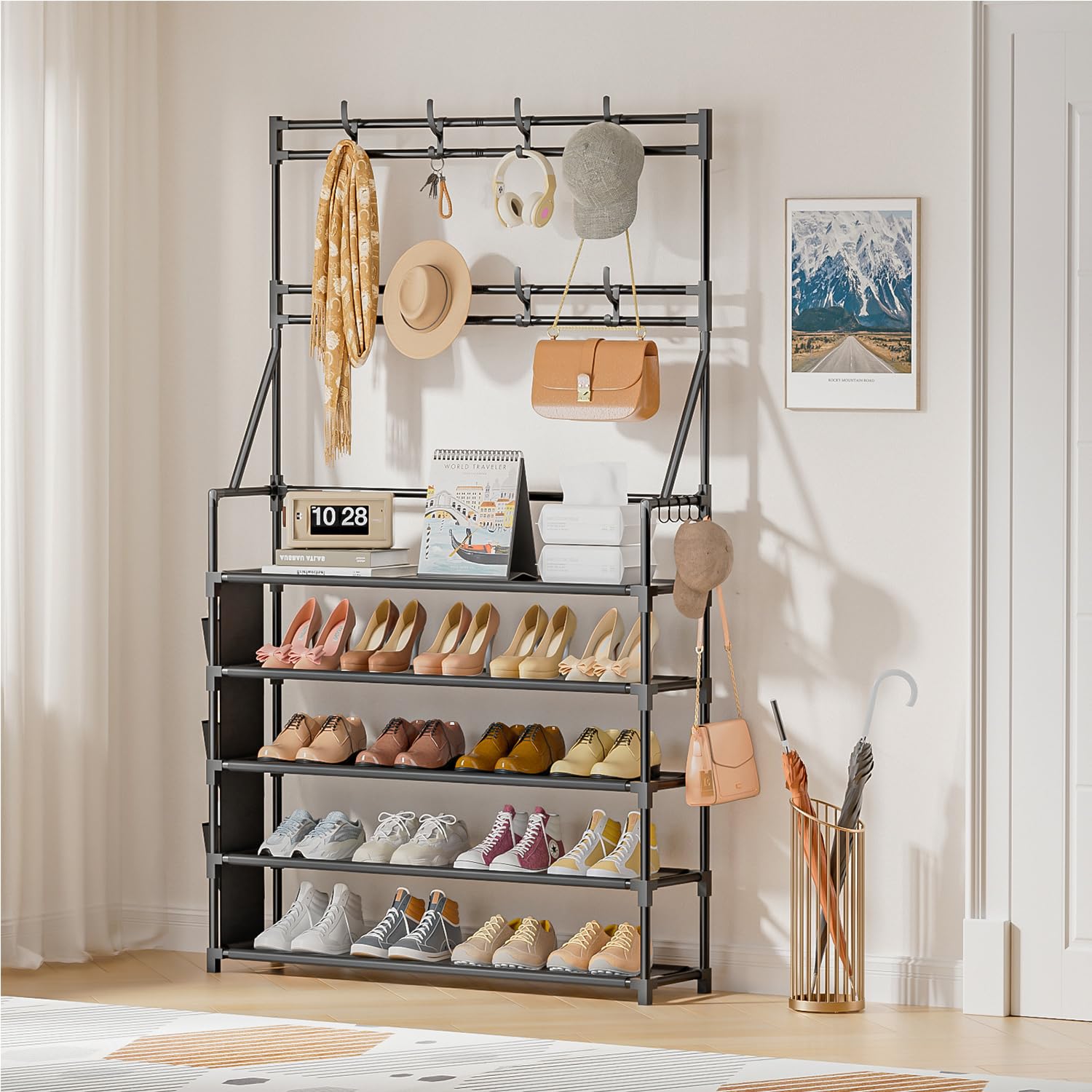 OYREL Shoe Rack 5 Tier Shoe Racks Organizer 20-25 Pairs Shoes Rack for Closet Entrance Shoe Storage Organizer with Hooks and Side Pocket Entryway Shoe Holder Space Saving Free Standing Shoe Racks