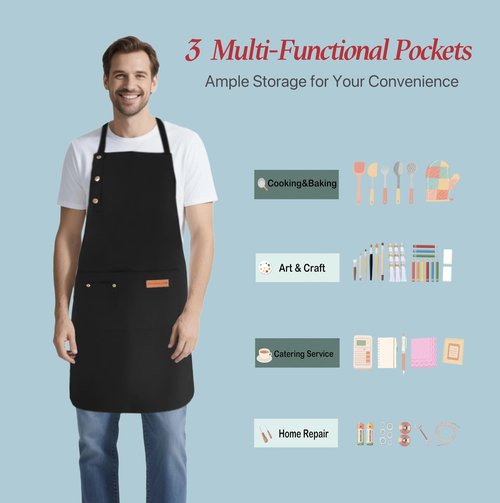 ursapela Kitchen Cooking Apron for Women Men Water-Resistant Artist Barista Baking Craft Catering Work Bib with Large Pockets (Black)