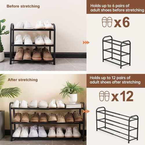Gonfoam 3-Tier Expandable Shoe Rack - Adjustable Heavy-Duty Metal Storage Organizer | Black