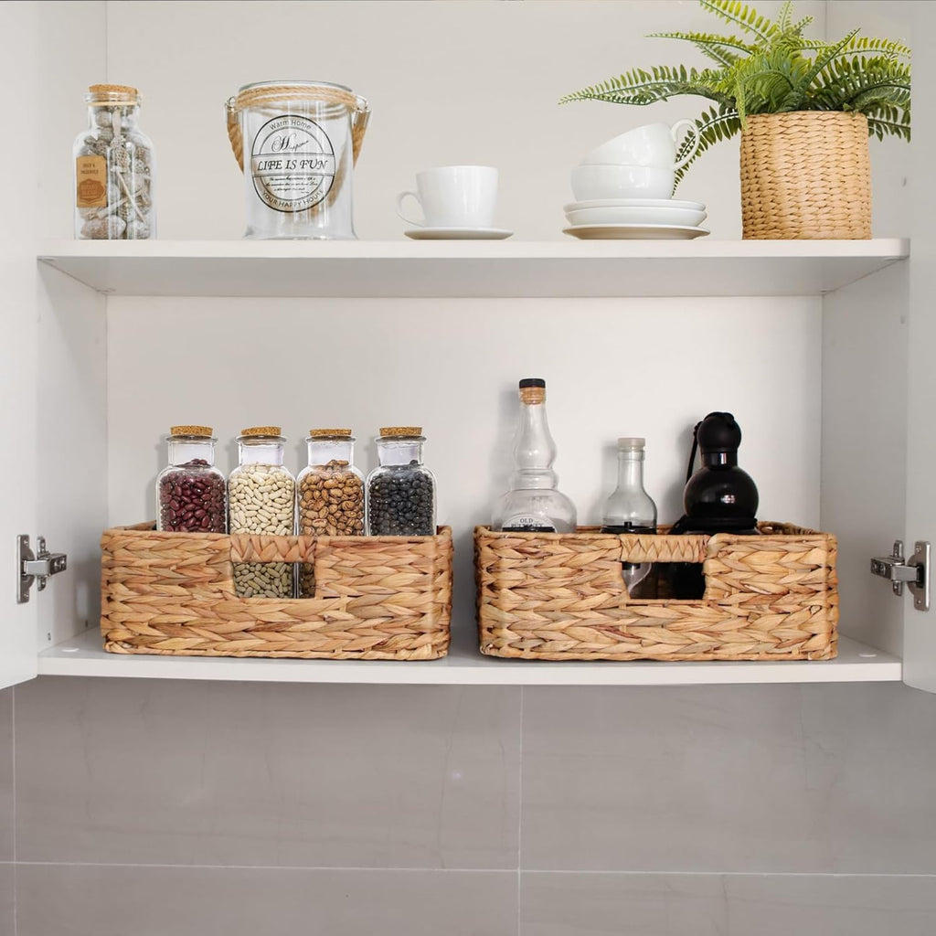 Water Hyacinth Storage Baskets by Rectangular | Woven Drawer Baskets with Handles - 15.2” L x 12” W x 4.7” H