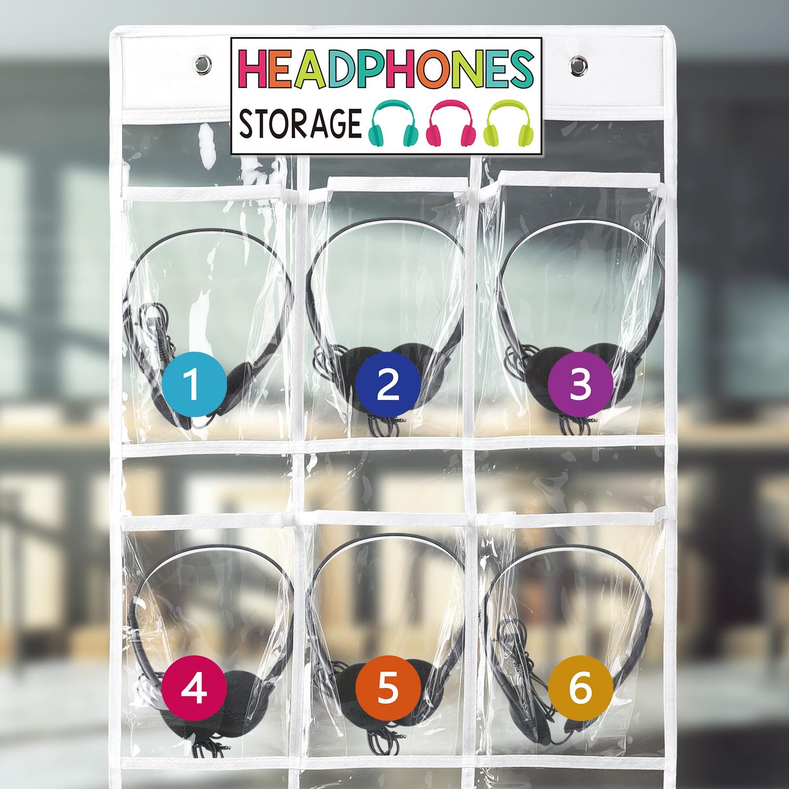 Vincreem 2 Pcs Over The Door Hanging Classroom Headphone Storage Organizer 30 PVC Clear Organizer Holder Pockets with 2 Pcs Headphone Storage Cards with Digital Stickers for Library Door Hanger