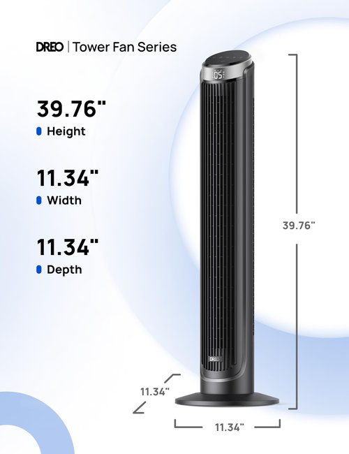 Dreo Smart Tower Fans for Bedroom, 90° Oscillating Fans for indoors, 5 Speeds 4 Modes Max 26ft/s, 12H Timer, LED with Touch, Remote Control, 40" Quiet Bladeless Standing Floor Fan for Home Office