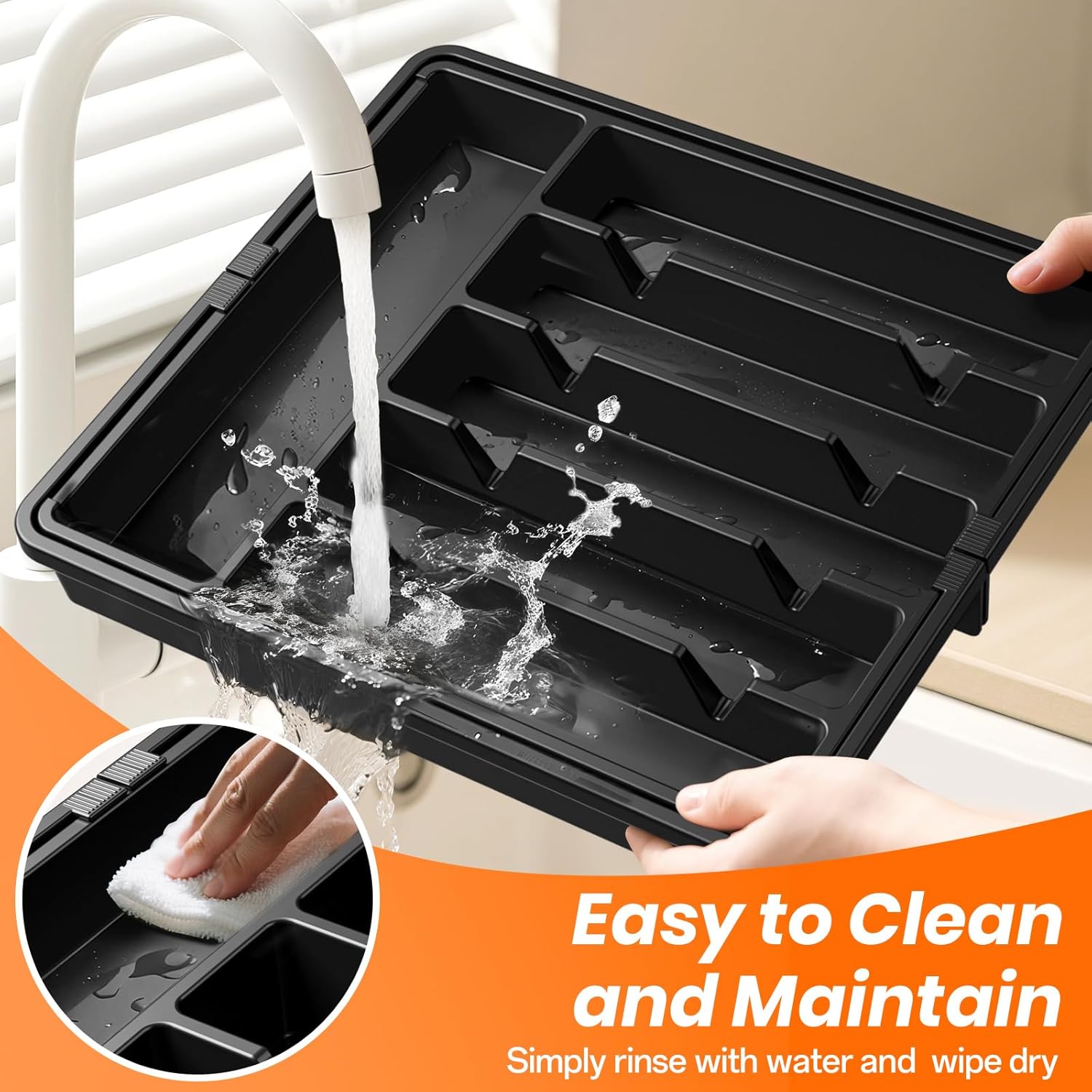 RoomHacks Large Silverware Organizer - Expandable Utensil Drawer Holder | BPA-Free, Adjustable, Black (6-8 Slots)