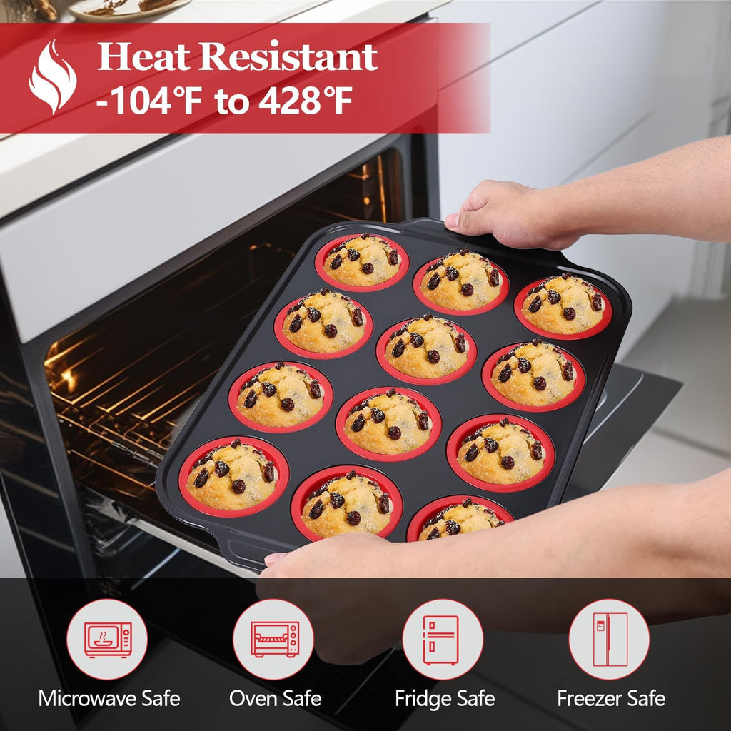 YiYeraio 12 Cups Silicone Muffin Pans for Baking with Metal Frame, Egg Bite Molds, Cupcake Pans Regular Size, Muffin Tins Easy to Pop Nonstick Non Toxic Bakeware for Oven Dishwasher Safe