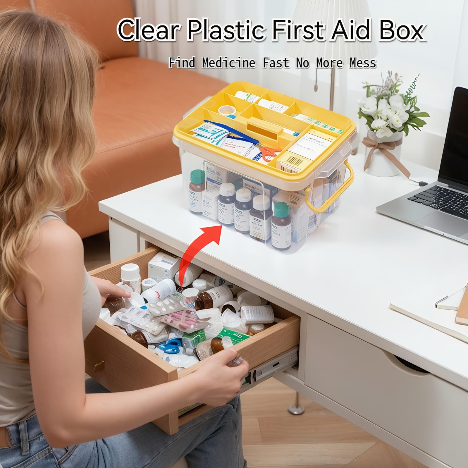 Pulseplay Clear Medicine Storage Box with Handle Portable Medicine Cabinet Organizer Multipurpose Plastic Storage Box with Removeable Tray for Home Office Travel Outdoor (Yellow)
