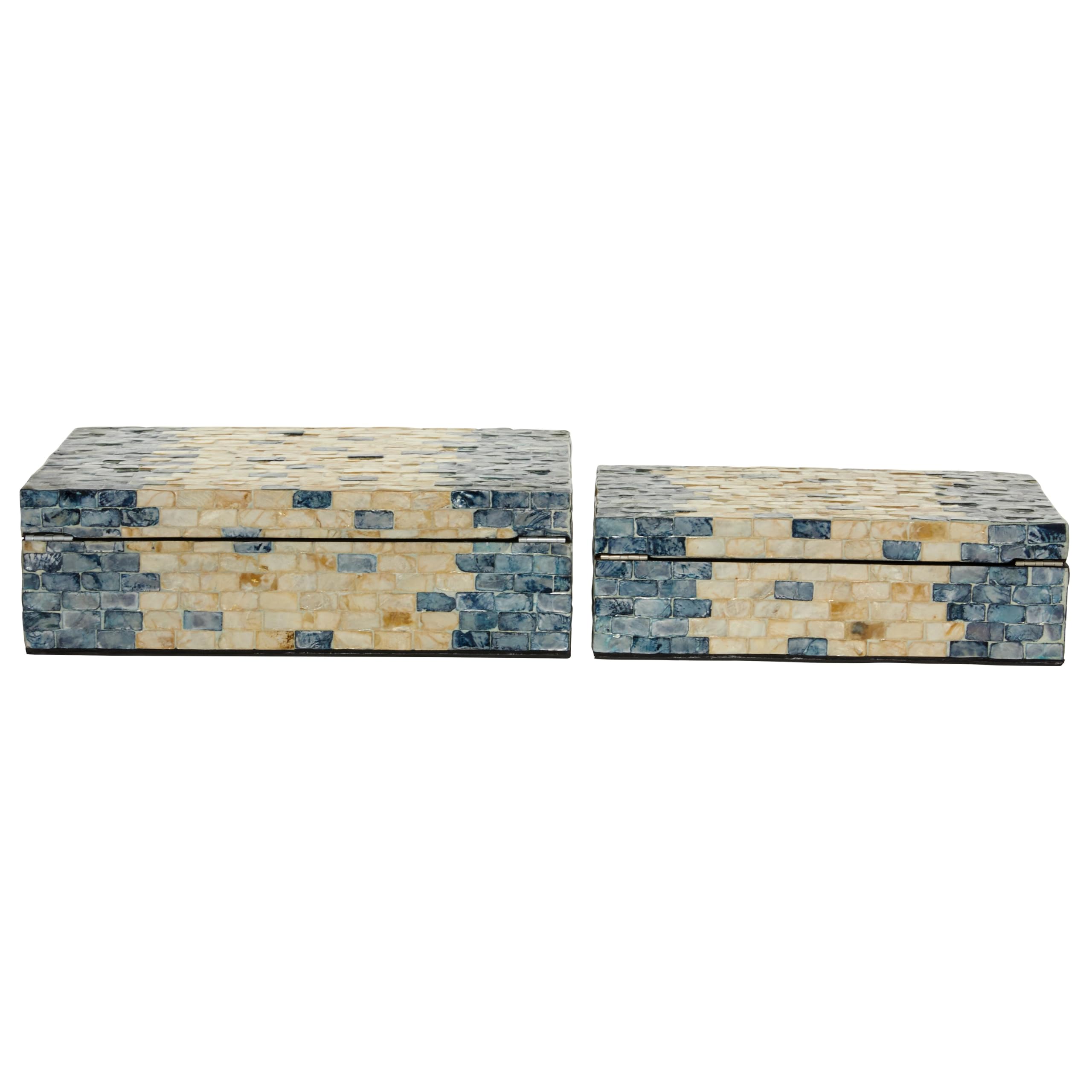 Deco 79 Mother of Pearl Shell Handmade Decorative Box Decorative Keepsake Boxes with Hinged Lid, Set of 2 Storage Boxes 14", 12"W, Blue