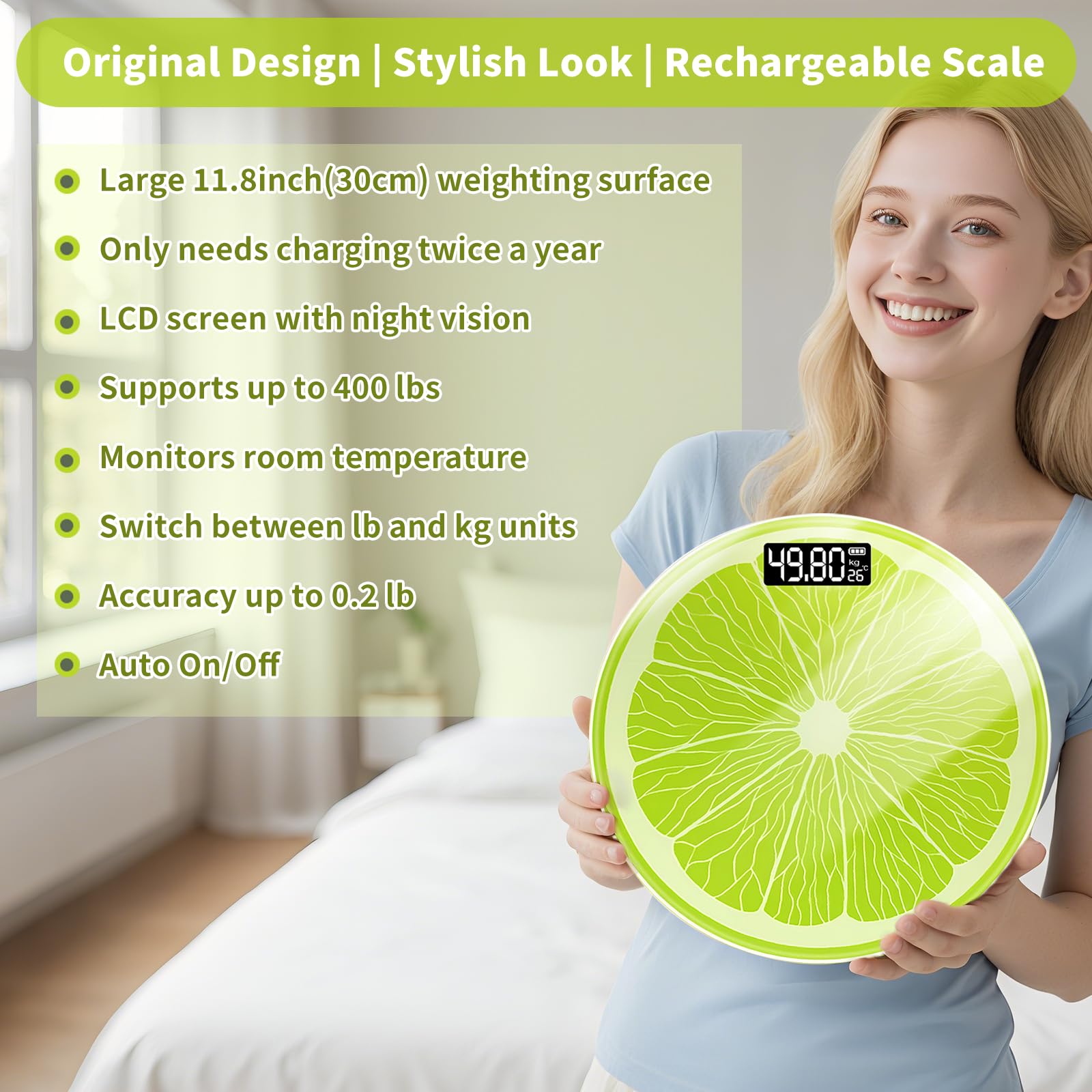 Rechargeable Bathroom Scale – Accurate Digital Weight Scale (±0.1 lb), 400 lbs Capacity, Large LED Display, No Batteries, Step-On Technology for Easy Home Use