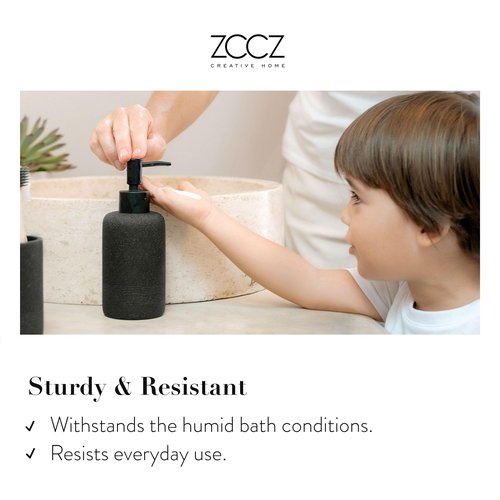 ZCCZ Black Stone Bathroom Accessories Set 6 Pieces - Toothbrush Holder, Lotion Dispenser, Qtip Container, Vanity Tray, Tumbler - Countertop Organizer for Bathrooms - Elegant and Functional Décor Set
