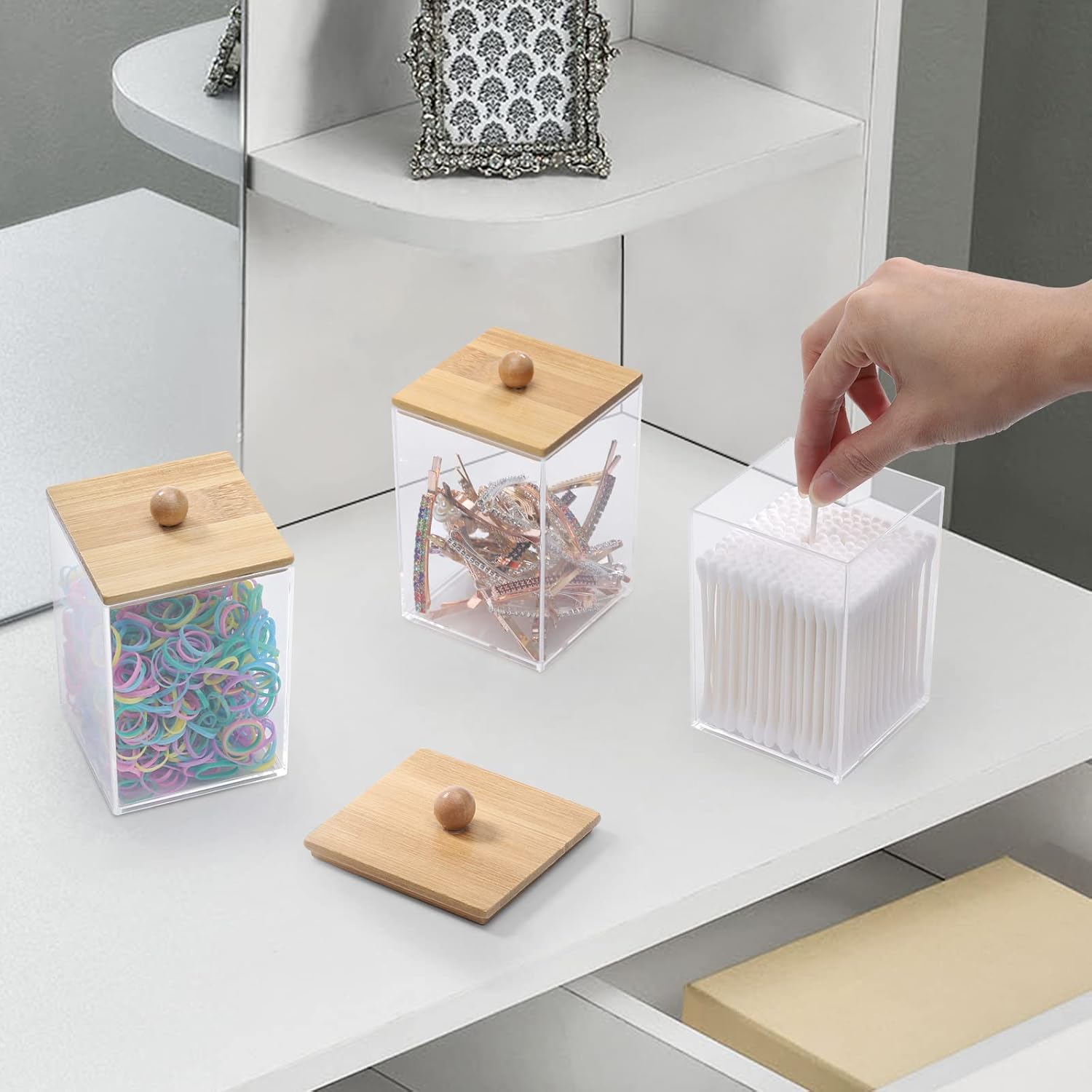 Tbestmax Square Qtip Holder Set - 12 oz Plastic Bathroom Organizers with Bamboo Lids for Cotton Balls & Swabs