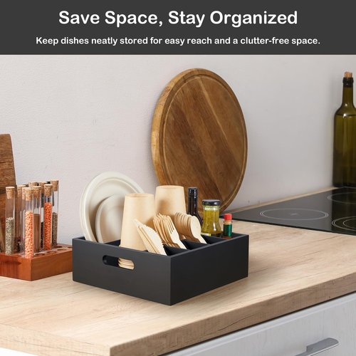 GCWSTJK Wood Utensil Holder for Party, 6-Compartment Paper Plate Organizer with Handles, Wooden Silverware Caddy for Picnic, Camping, BBQ, Buffet, and Kitchen Countertop Organization, Black