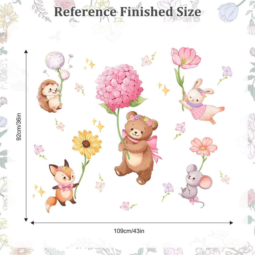 Pink Cartoon Animal Wall Decals, Bear Squirrel Rabbit Holding Flowers Flying Wall Stickers Peel and Stick Wall Decal Self Adhesive Wall Art Sticker for Girls Baby Nursery Kids Room Home Decor