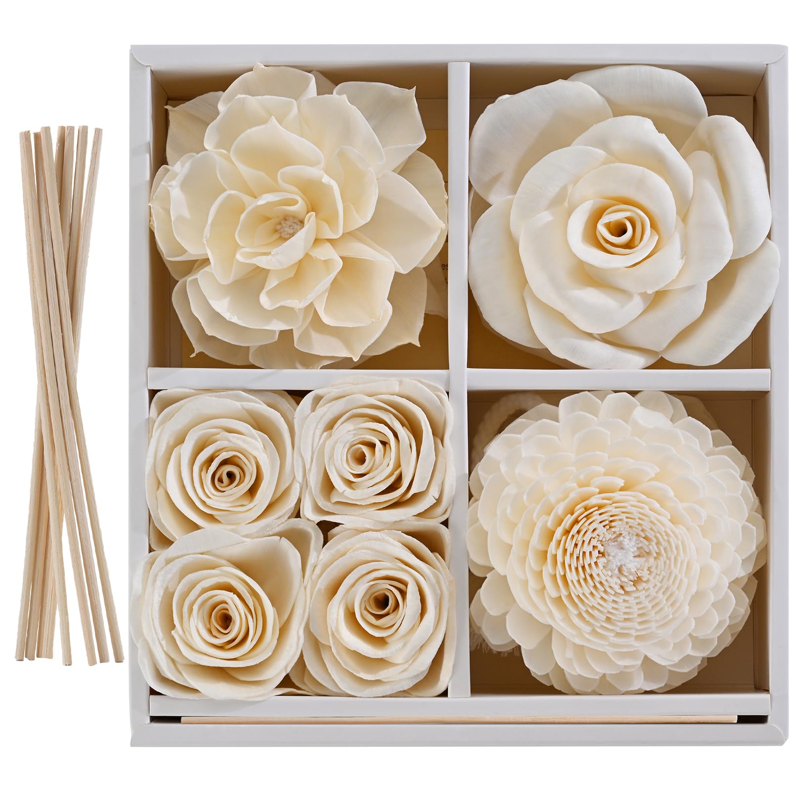 Flower Reed Diffuser Sola Wood Flowers Natural Material Aromatherapy Reed Decorative Aromatherapy Flower Refill Diffuser Reeds, 7Pcs Flower, 7Pcs Rope, 8 Pcs Diffuser Rattan (2-3.5 Inches, White)