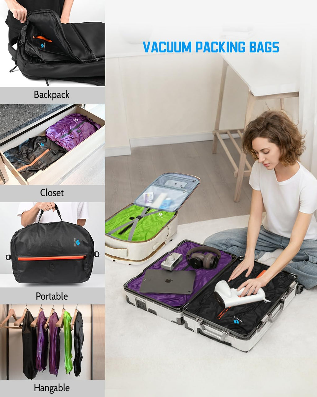 Zurligi Vacuum Compression Bags - IPX8 Waterproof Packing Cubes | Reusable 39L Travel Bags (3-Pack Black)