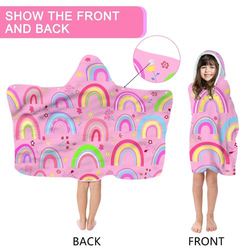 Bonsai Tree Rainbow Hooded Beach Towel for Kids Girls, Cute Unicorn Bath Towel with Hood, Pink Magic Rainbow Microfiber Super Absorbent Soft Poncho Bathrobe for Swin Pool 30”x50”