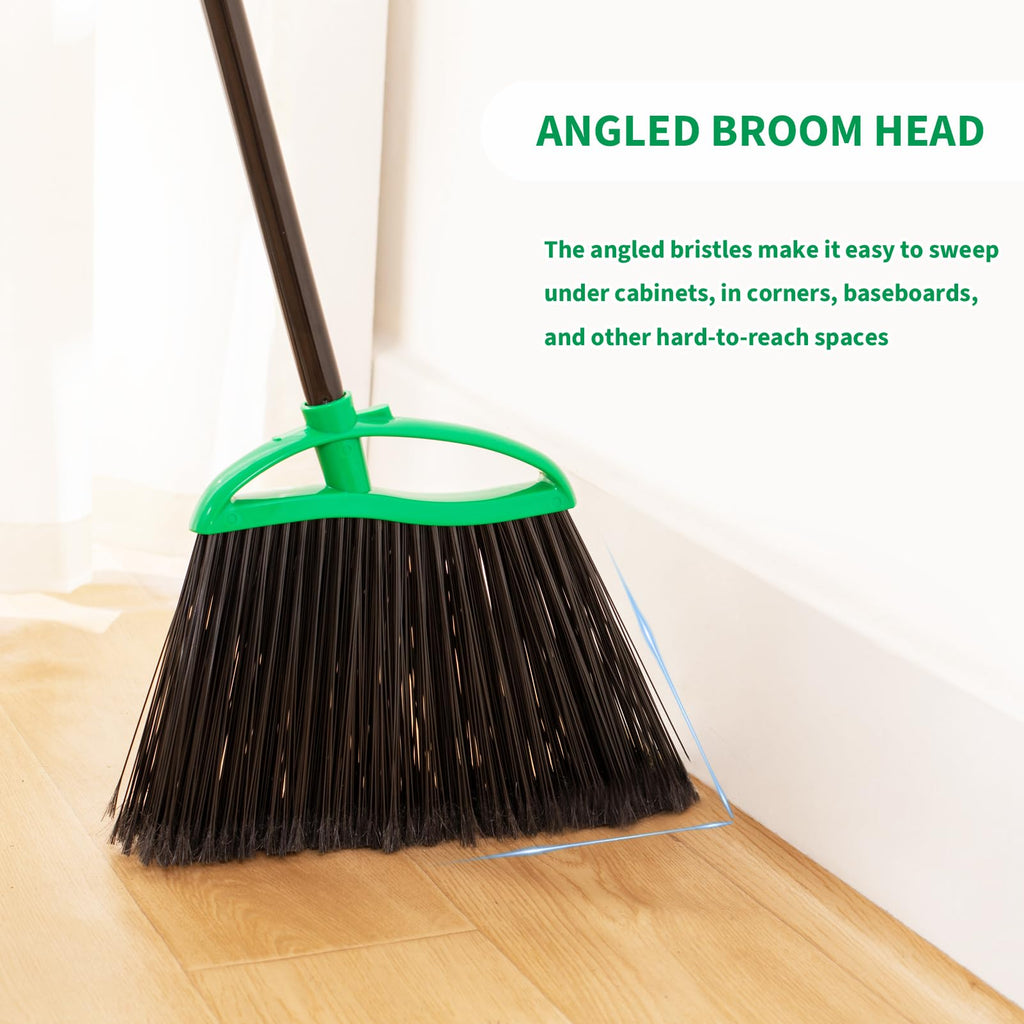 HileSwan 2 Pack Heavy Duty Brooms, 55" Long Handle Indoor Outdoor Angle Broom Set, Household Commercial Floor Cleaning, for Sweeping Home, Kitchen, Deck, Garage, Patio - Green