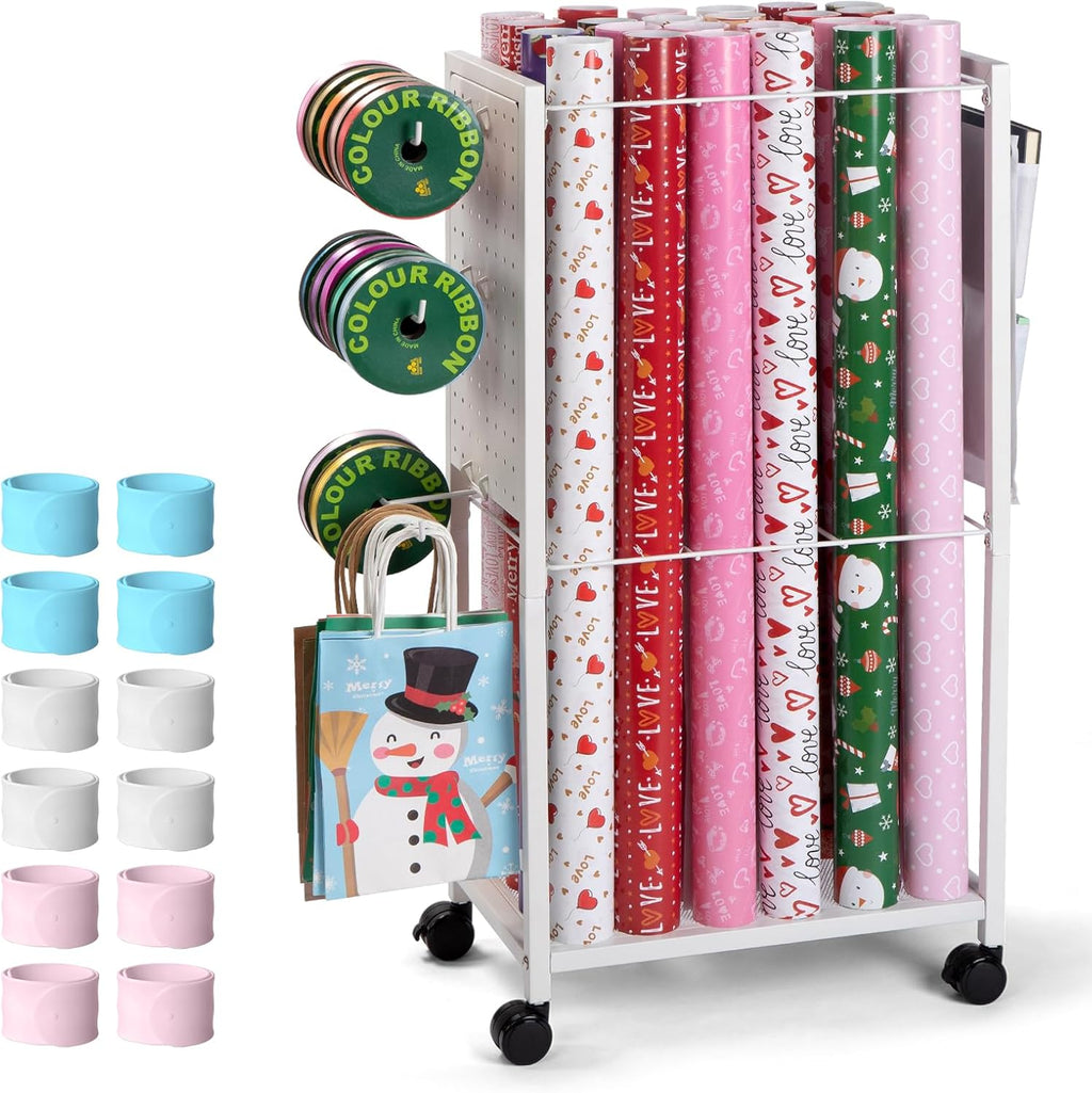 Wrapping Paper Cart - Gift Wrap Organizer with Ribbon Storage | 12 PCS Slap Bracelets Included