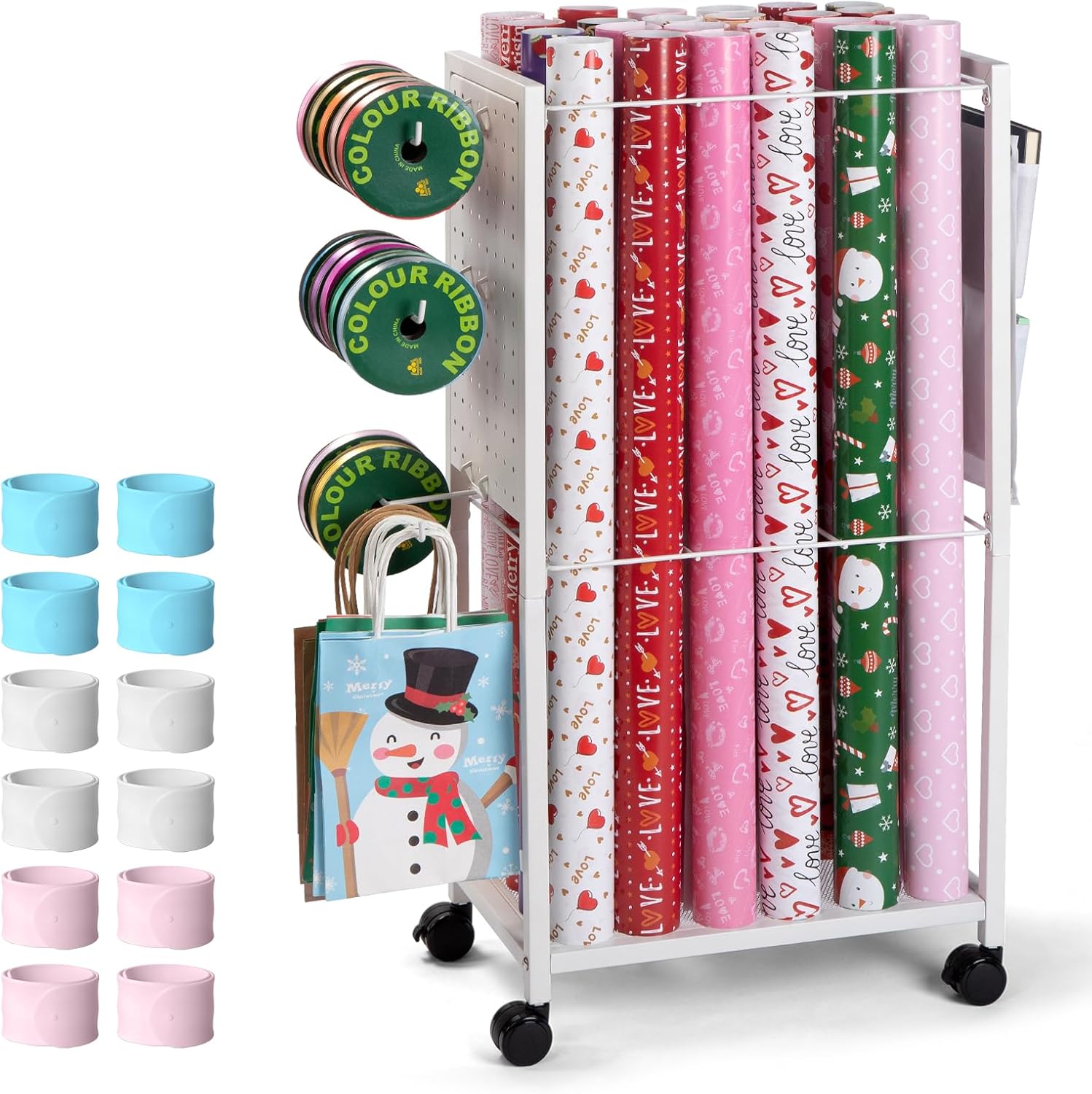 Wrapping Paper Cart - Gift Wrap Organizer with Ribbon Storage | 12 PCS Slap Bracelets Included
