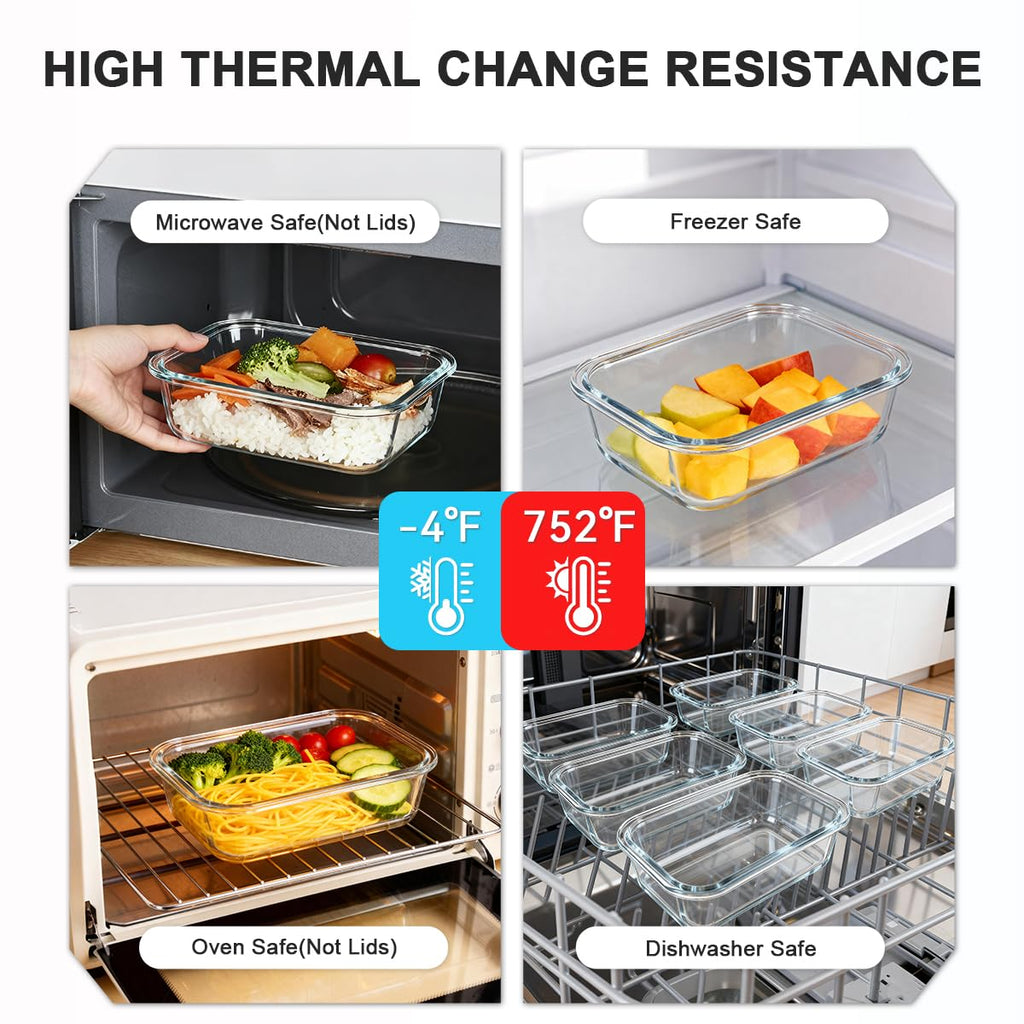 KAMOTA Glass Food Storage Containers, 10 Pack Glass Meal Prep Containers, Airtight Containers with Snap-Lock Lids, 22 oz Grey Container Set with Lids, for Microwave/Oven/Freezer/Dishwasher
