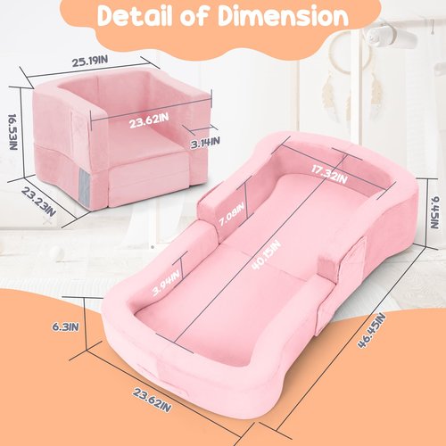 whiffee Toddler Travel Bed, 2-in-1 Foldable Portable Toddler Bed Sofa Chair, Soft Baby Kids Travel Floor Cot with Washable Covers Safety Foam Raised Bumper for Camping Hotel Sleeping (Pink)