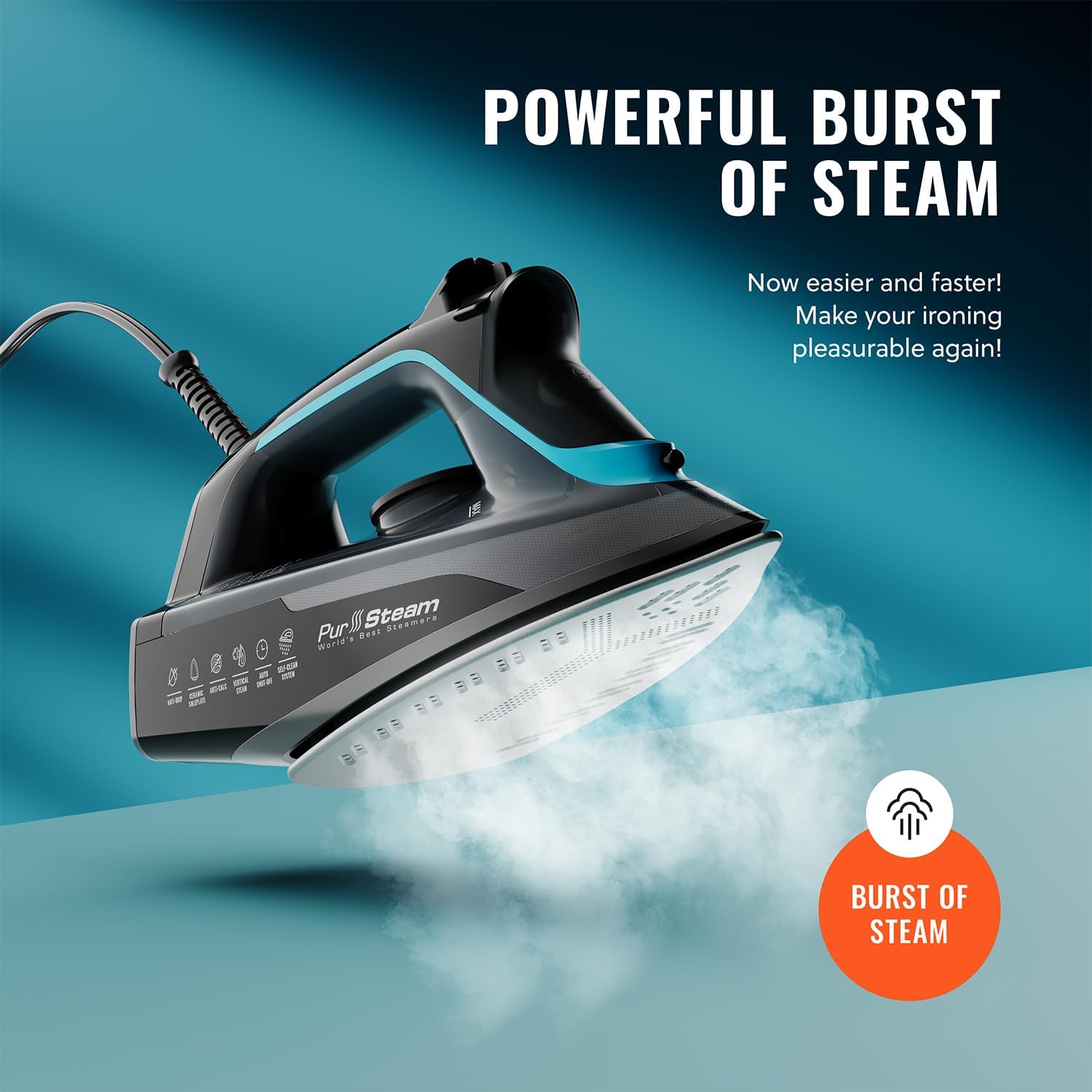 Pursteam SteamBurst+ 1750W Steam Iron - Ceramic Soleplate, Adjustable Steam & Self-Cleaning Feature