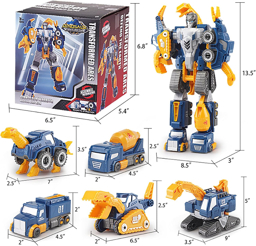 Skiennix Toddler Construction Car Transform Set - 5-Piece Dinosaur Rescue Robot with Magnetic Connectors | DIY STEM Building Trucks for Kids Ages 3-7