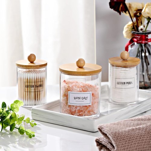 Apothecary Jar Qtip Holder Dispenser Set - 3 Pack Bamboo Lids for Stylish Vanity Storage