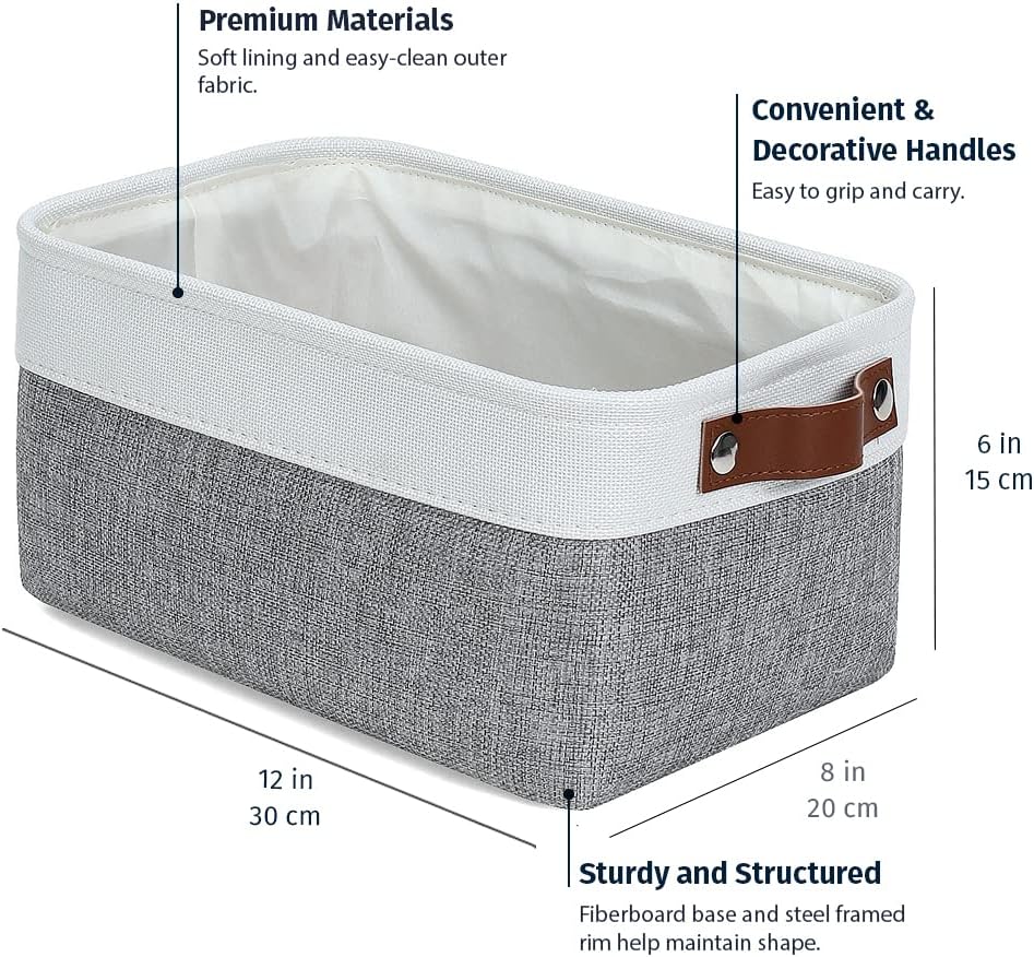OrganiHaus Small Fabric Storage Baskets - 3 Pack 12x8in Cloth Bins for Organizing | Gray/Off-White