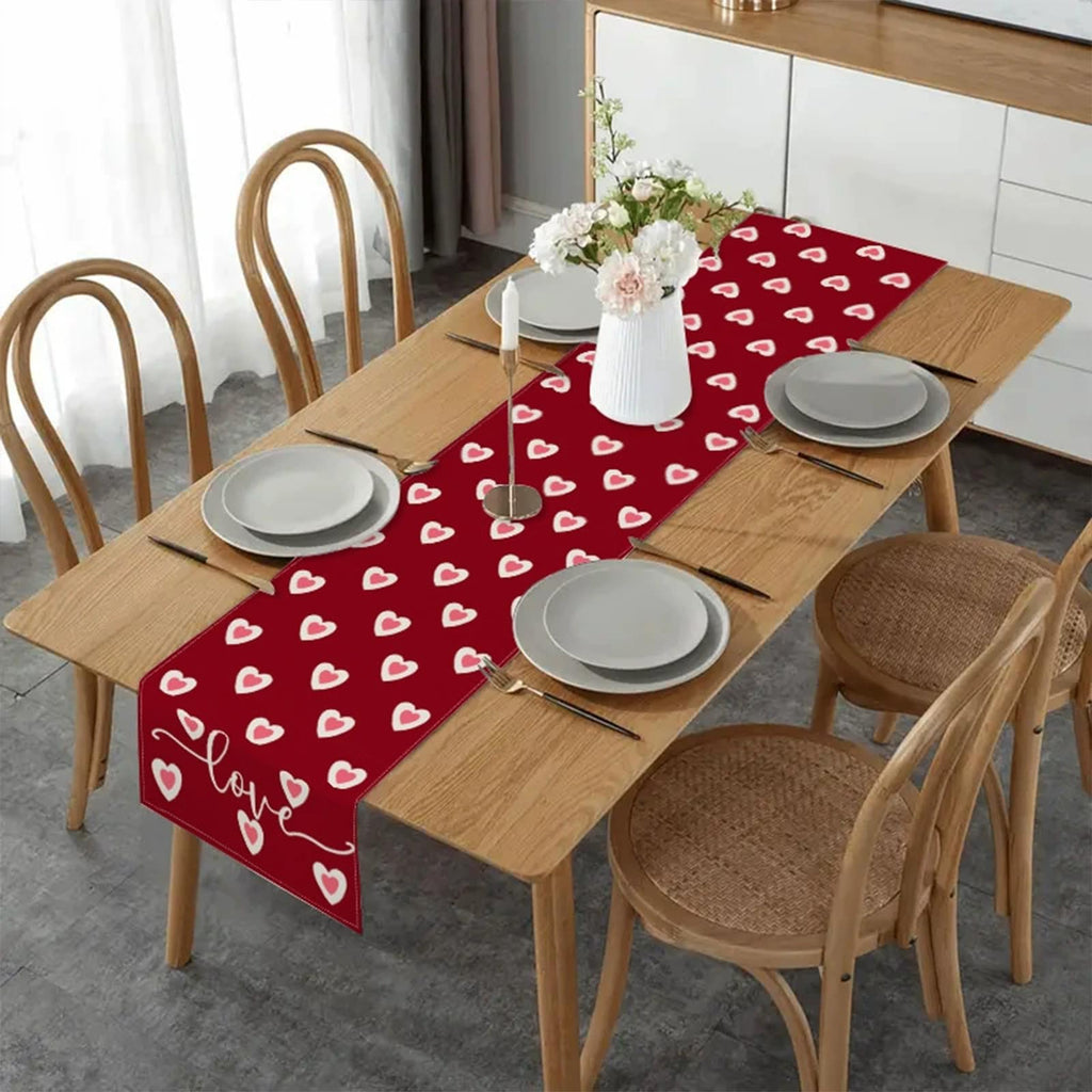 Valentine's Day Table Runner Linen Red Love Heart Table Runner Love Cloth Dresser Scarves for Valentines Holiday Home Kitchen Dining Style Table Decoration (13*72 Inch)