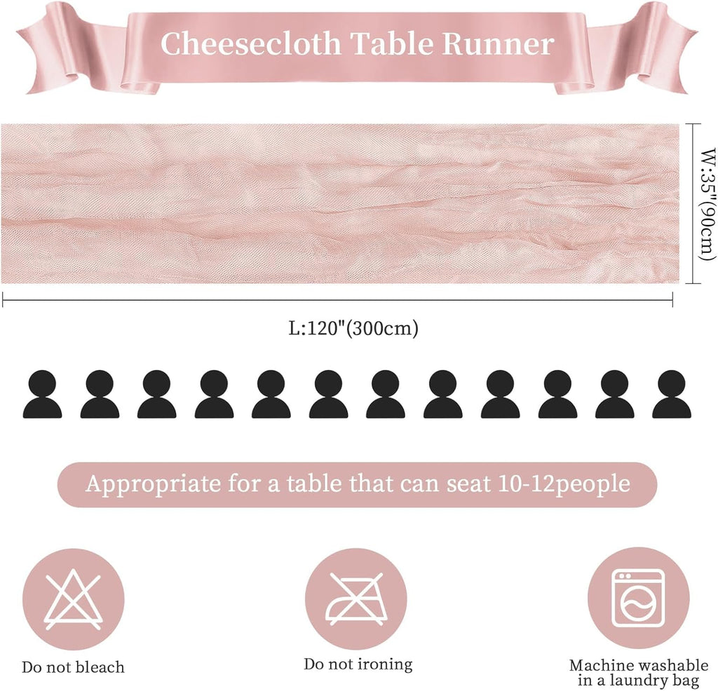 Skiennix Dusty Pink Cheesecloth Table Runner - 10FT Long Rustic Sheer Decor for Weddings & Events