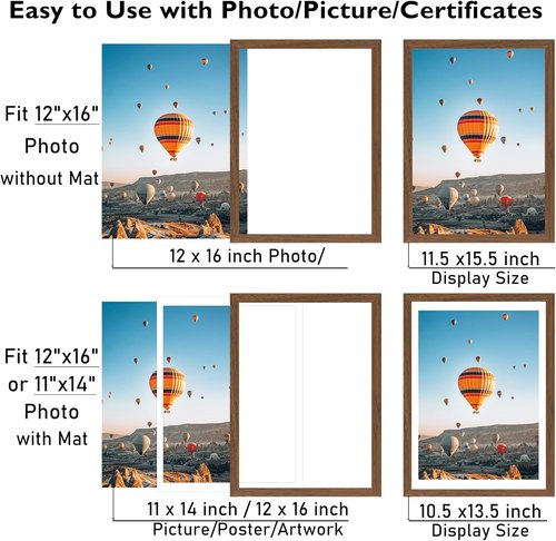 JCJMY 12x16 Picture Frame - Brown Wall Hanging Frame with 11x14 Mat & Plexiglass Protection
