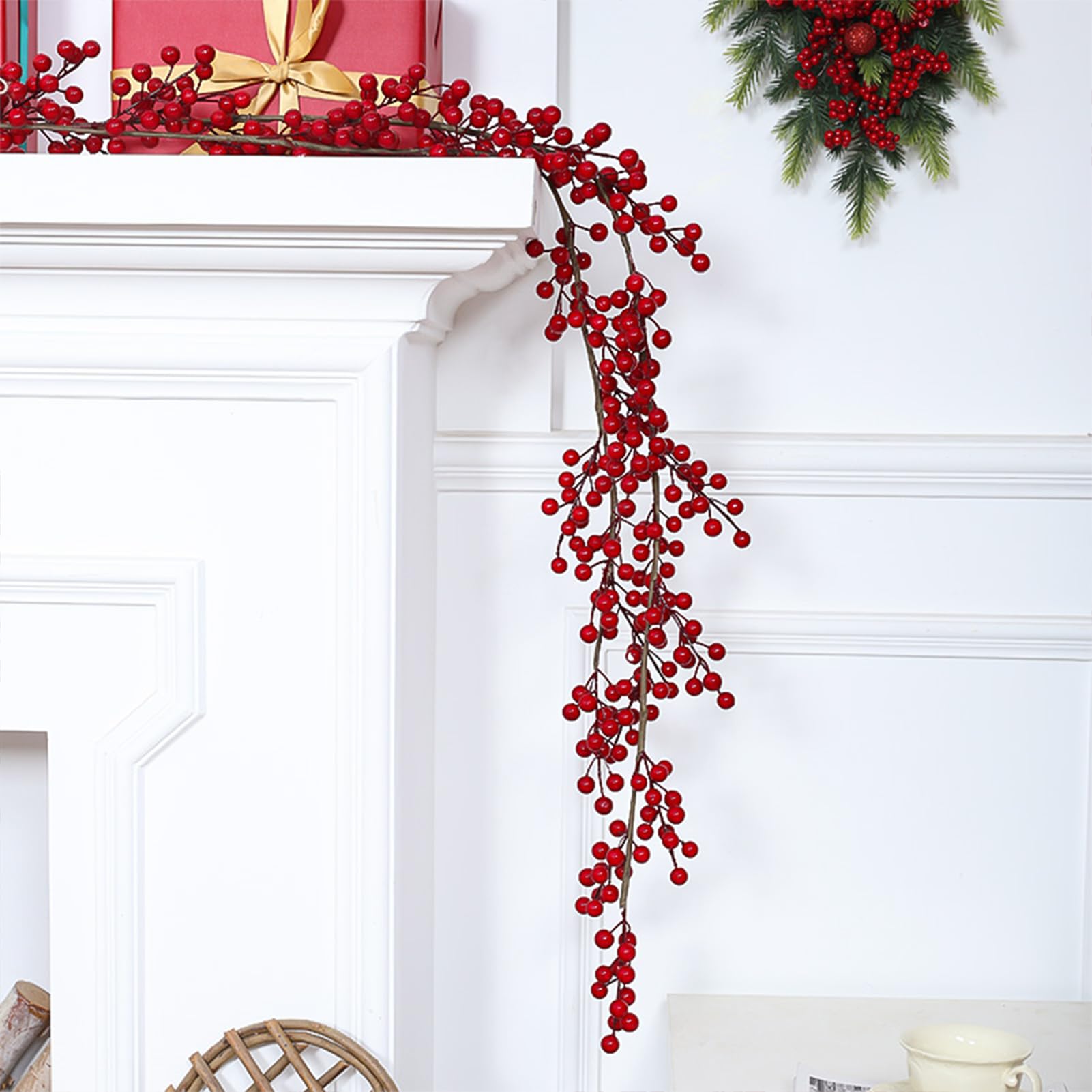 Wuhetyo Christmas Red Berry Garland, Artificial Red and Burgundy Berry Garland Christmas Decor for Winter Indoor Outdoor Home Fireplace Table Happy New Year Decorations(Large Berry)-1PCS