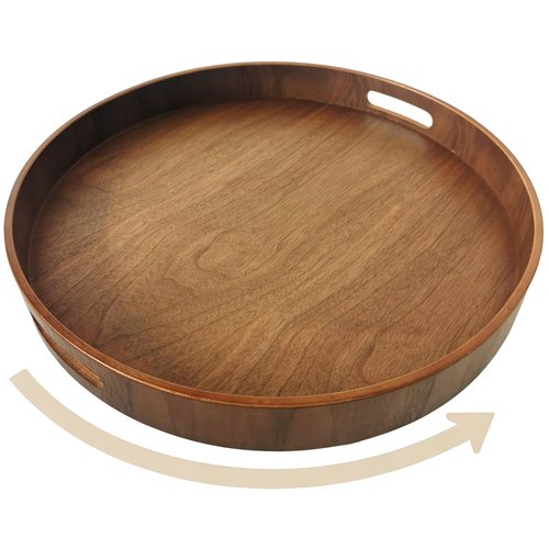 i-lan 16-inch Wooden Lazy Susan Turntable - Large Decorative Rotating Tray Made of Walnut Wood with Dual Handles & Silent Bearing for Kitchen Dining Organizer