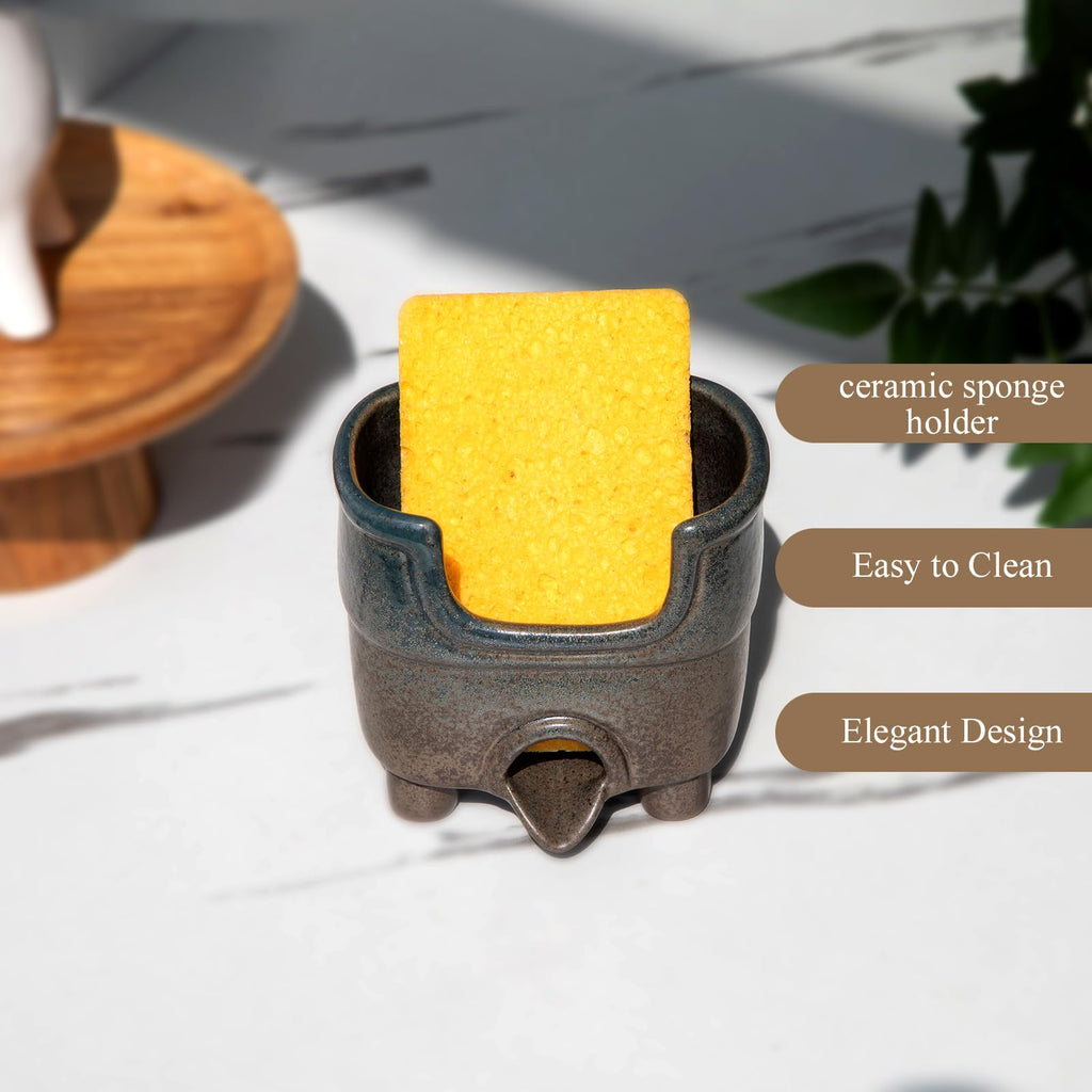 wowhalolo Ceramic Sponge Holder with Drainage, Farmhouse Sink Caddy Organizer, Self Draining Design for Sponges,Soap,Brushes, Compact Rustic Kitchen Accessory, Keeps Counter Dry（Country Blue）