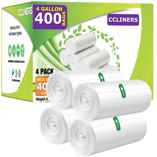 4 Gallon (15 Liter) Trash Bag (400 Count) Small Bathroom 4 Gallon Garbage Bags Clear Plastic Wastebasket Trash Can Liners for Home and Office Bins (400 Count)