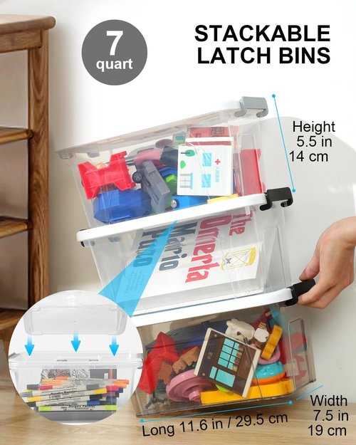 EOENVIVS Plastic Storage Bins - 7 Quart Stackable Organizer with Lids & Handles | 6 Pack Clear Storage Boxes for Home & Office